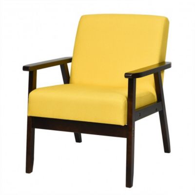 Costway Solid Rubber Wood Fabric Accent Armchair-Yellow