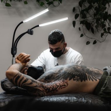 Daylight Gemini Floor Lamp - U35350 - LED - 95 CRI - Adjustable Dual Shade - Content Streaming Lamp - Phone Holder - Carrying Case. View a larger version of this product image.