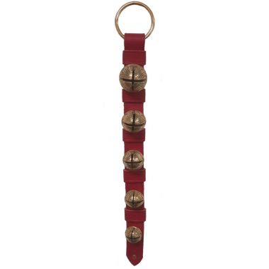 Belsnickel 19 Inch Red Leather Strap Brass Sleigh Bells Door Hanger Made in USA. View a larger version of this product image.