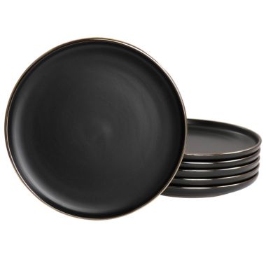 Elama Paul 6 Piece Stoneware Salad Plate Set in Matte Black with Gold Rim. View a larger version of this product image.