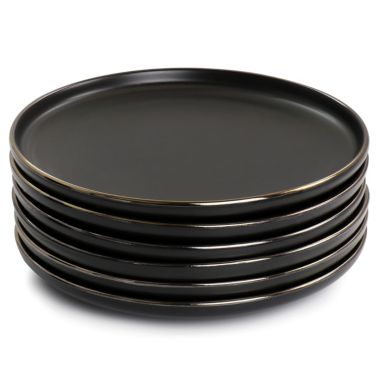 Elama Paul 6 Piece Stoneware Salad Plate Set in Matte Black with Gold Rim. View a larger version of this product image.