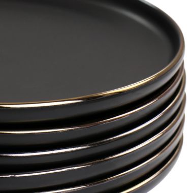 Elama Paul 6 Piece Stoneware Salad Plate Set in Matte Black with Gold Rim. View a larger version of this product image.