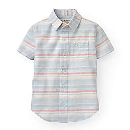 Hope & Henry Baby Boys' Blue and Pink Slubby Poplin Short Sleeve Button Up, Light Multi Stripe, 3-6 Months