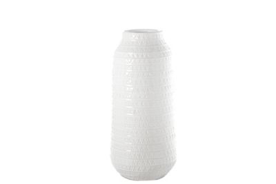 Urban Trends Collection Ceramic Round Vase with Layered Tribal Pattern Design Body LG Gloss Finish White