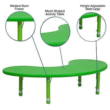 Flash Furniture 35&#39;&#39;W x 65&#39;&#39;L Half-Moon Green Plastic Height Adjustable Activity Table. View a larger version of this product image.