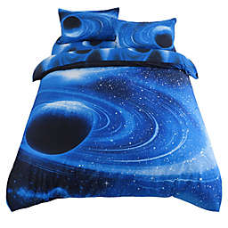PiccoCasa 4-Piece Galaxies Luxury Duvet Cover Sets, 3D Printed Space Themed - 100% Polyester- All-Season Reversible Design - Includes 1 Duvet Cover, 1 Flat Sheet, 2 Pillow Shams Navy Blue Queen