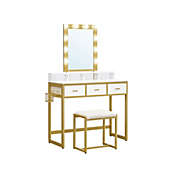 VASAGLE White & Gold Makeup Vanity Set with Mirror & Lights