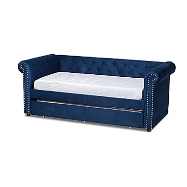 Baxton Studio Mabelle Modern And Contemporary Navy Blue Velvet Upholstered Daybed With Trundle - Royal Blue. View a larger version of this product image.