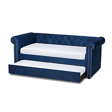 Baxton Studio Mabelle Modern And Contemporary Navy Blue Velvet Upholstered Daybed With Trundle - Royal Blue. View a larger version of this product image.