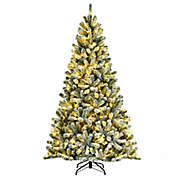 Slickblue 7 Feet Pre-lit Snow Flocked Hinged Christmas Tree with 1116 Tips and Metal Stand-7 ft