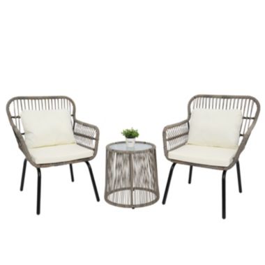 Inq Boutique 3-Piece Patio Wicker Conversation Bistro Set with 2 Chairs & Glass Top Side. View a larger version of this product image.