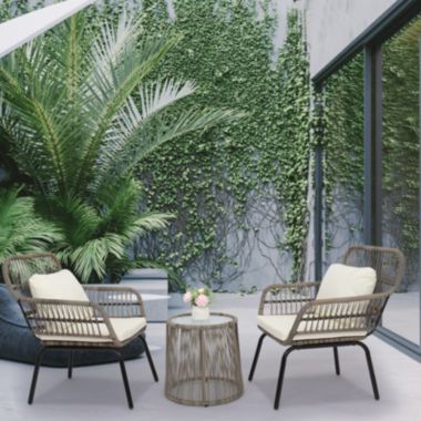 Inq Boutique 3-Piece Patio Wicker Conversation Bistro Set with 2 Chairs & Glass Top Side. View a larger version of this product image.