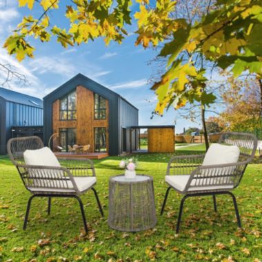 Inq Boutique 3-Piece Patio Wicker Conversation Bistro Set with 2 Chairs & Glass Top Side. View a larger version of this product image.