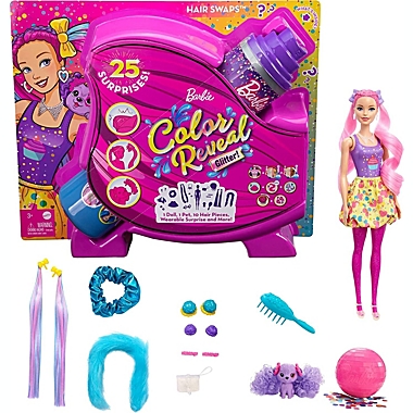 Barbie Color Reveal Glitter! Hair Swaps Doll, Glittery Pink with 25 Surprises. View a larger version of this product image.