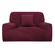 PiccoCasa Velvet Plush Stretch Sofa Cover, Thicker Couch Slipcover for 1 2 3 4 Cushion, Stylish Furniture Winter Covers with One Pillow Cover Burgundy S