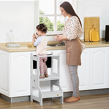 Qaba 2-in-1 Kids Kitchen Step Stool, Detachable Toddler Table and Chair Set Toddler Step Stool with Safety Rail Chalkboard for Kitchen, Bathroom, Bedroom, Grey. View a larger version of this product image.