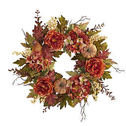 Nearly Natural Fall Harvest Peonies Hydrangeas and Pumpkins Artificial Wreath, 24-Inch, Unlit