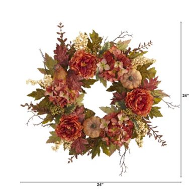 Nearly Natural Fall Harvest Peonies Hydrangeas and Pumpkins Artificial Wreath, 24-Inch, Unlit. View a larger version of this product image.