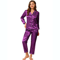 Allegra K Women's Sleepwear Pajama Satin Button Down Smooth 2 Pieces Lounge Long Sleeves Notch Collar Pocket Elastic Waist Pajama Set Large Purple