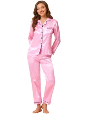 Allegra K Women&#39;s Pajama Sets Sleepwear Button-Down Lounge Sets Pink XS