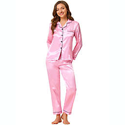 Allegra K Women's Sleepwear Pajama Satin Button Down Smooth 2 Pieces Lounge Long Sleeves Notch Collar Pocket Elastic Waist Pajama Set X-Small Pink