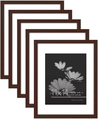 Americanflat 11x14 Picture Frame in Mahogany - Displays 8x10 With Mat and 11x14 Without Mat - Set of 5 Frames with Sawtooth Hanging Hardware For Horizontal and Vertical Display