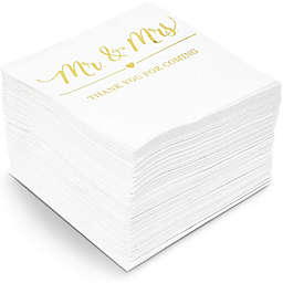 Sparkle and Bash Mr & Mrs Paper Napkins with Gold Foil Details for Weddings (5 x 5 In, 100 Pack)