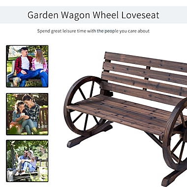 Outsunny Wooden Wagon Wheel Bench Rustic Outdoor Patio Furniture, 2-Person Seat Bench with Backrest. View a larger version of this product image.