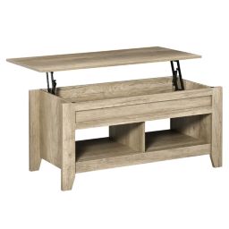 HOMCOM Lift Top Coffee Table with Hidden Storage Compartment and Open Shelves, Lift Tabletop Pop-Up Accent Table for Living Room, Oak Wood Grain