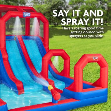 Sunny & Fun Mega Climb N' Go Inflatable Water Slide Park - Heavy-Duty for Outdoor Fun - Climbing Wall, 2 Slides, Splash & Deep Pool - Easy to Set Up & Inflate with Included Air Pump & Carrying Case. View a larger version of this product image.