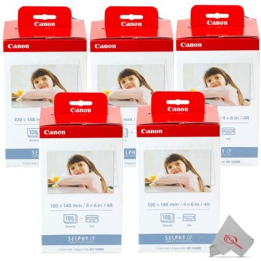 Canon Five Pack Selphy KP-108IN Color Ink 4x6 and Paper Set 3115B001 for SELPHY Compact Printer CP1300 CP1200 CP770. View a larger version of this product image.
