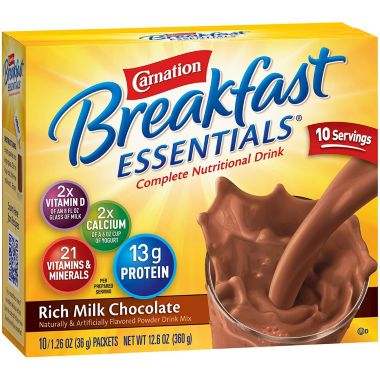 Carnation Breakfast Essentials Instant Complete Nutritional Drink, Rich Milk Chocolate, 12.6 OZ. View a larger version of this product image.