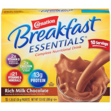 Carnation Breakfast Essentials Instant Complete Nutritional Drink, Rich Milk Chocolate, 12.6 OZ. View a larger version of this product image.