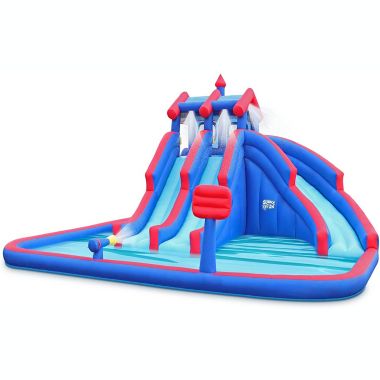 Sunny & Fun Deluxe Inflatable Water Triple Slide Park - Heavy-Duty Nylon Bouncy Station for Outdoor Fun - Climbing Wall, 3 Slides & Splash Pool - Easy to Set Up & Inflate with Included Air Pump & Carrying Case. View a larger version of this product image.