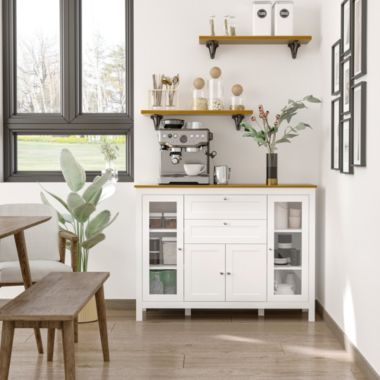 Modern Buffet Cabinet, Storage Sideboard Buffet with Glass Double-Door  Cabinet, Drawers for Kitchen, Dining Room, Coffee Bar, Oak/White | Bed Bath  & Beyond