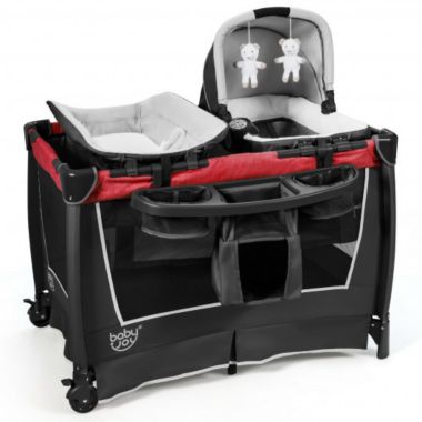 Costway 4-in-1 Convertible Portable Baby Play yard with Toys and Music Player-Red. View a larger version of this product image.