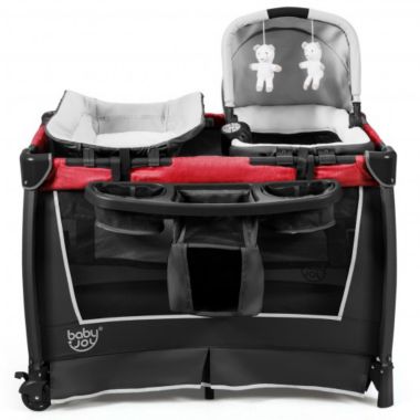 Costway 4-in-1 Convertible Portable Baby Play yard with Toys and Music Player-Red. View a larger version of this product image.