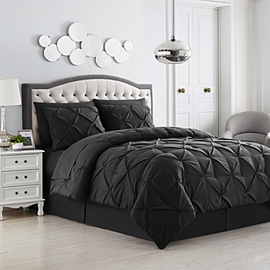 Sweet Home Collection 8 Piece Comforter Set Bag with Unique Design, Bed Sheets, 2 Pillowcases & 2 Shams & Bed Skirt All Season, Queen, Pintuck Black. View a larger version of this product image.
