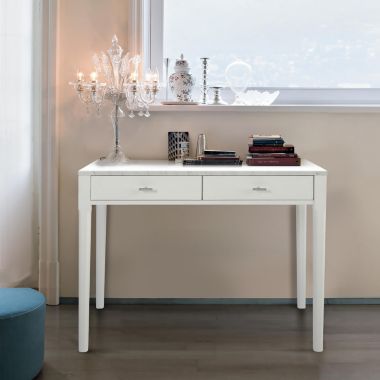 The Bianco Collection Meno 36" Rectangular Italian Carrara White Marble Console Table with White Legs. View a larger version of this product image.