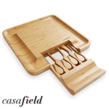 Casafield Organic Bamboo Cheese Cutting Board & Knife Gift Set - Wooden Serving Tray for Charcuterie Meat Platter, Fruit & Crackers - Slide Out Drawer with 4 Stainless Steel Knives. View a larger version of this product image.