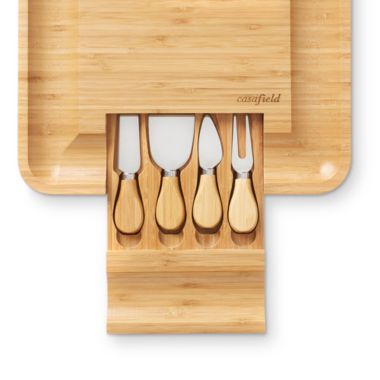 Casafield Organic Bamboo Cheese Cutting Board & Knife Gift Set - Wooden Serving Tray for Charcuterie Meat Platter, Fruit & Crackers - Slide Out Drawer with 4 Stainless Steel Knives. View a larger version of this product image.