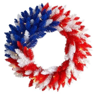 Nearly Natural 18" Patriotic Red, White and Blue "Americana" Wreath with 20 Warm LED Lights. View a larger version of this product image.