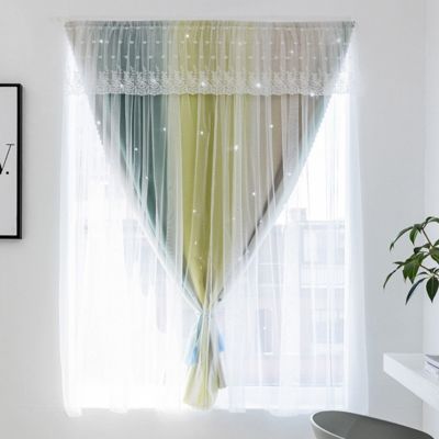 Stock Preferred Star Window Double Lace Layer Blackout Curtains in 52.76x62.99inch Yellow Green