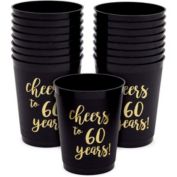 Sparkle and Bash Black Plastic Tumbler Cups for 60th Party, Cheers to 60 Years (16 oz, 16 Pack)