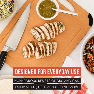 Chef Pomodoro Wood Cutting Board for Kitchen, Dishwasher Safe, Dual-Sided with Juice Groove, Non-Porous Non-Slip Scratch-Resistant Surface, Easy Grip Handle, 14.5 x 11 inches. View a larger version of this product image.