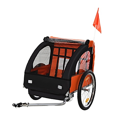 Aosom 2-Seat Kids Child Bicycle Trailer with a Strong Steel Frame, 5-Point Safety Harnesses, & Comfortable Seat, Orange. View a larger version of this product image.