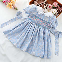 Laurenza's Girls Floral Blue Smocked Dress with Embroidery