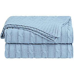 PiccoCasa 100% Cotton Knit Breathableted Throw Blanket for Sofa and Couch Soft Lightweight Cable Knit Breathable Blanket Home Decors Blanket, Columbia Blue 50 x 60
