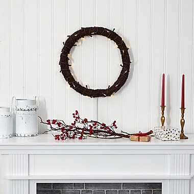 Nearly Natural Modern Holiday Decorative 20" Vine Wreath with 50 White Warm LED Lights. View a larger version of this product image.