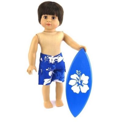 American Fashion World 18&quot; Doll Clothing Surfs Up! Trunks with Surf Board